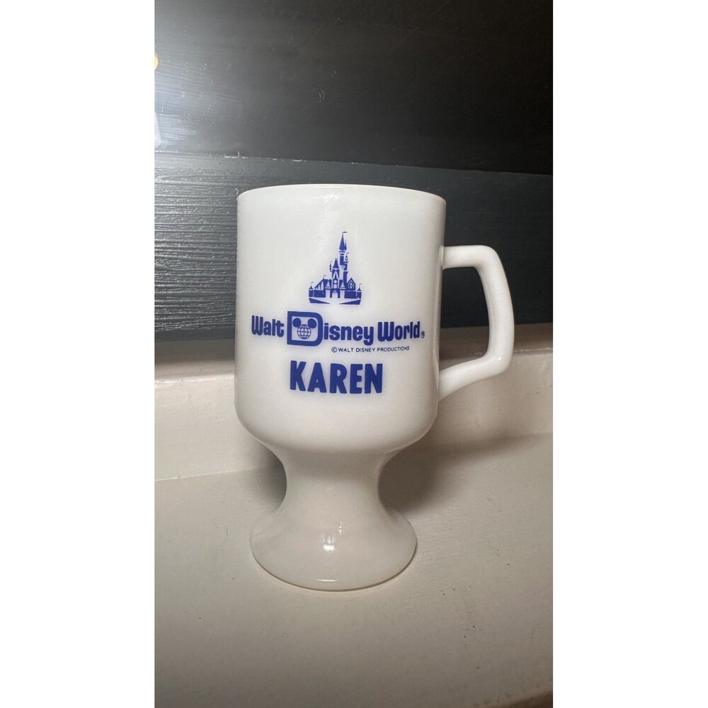 Vintage Walt Disney World Karen White Milk Glass Footed Coffee Mug Cup 5.5"